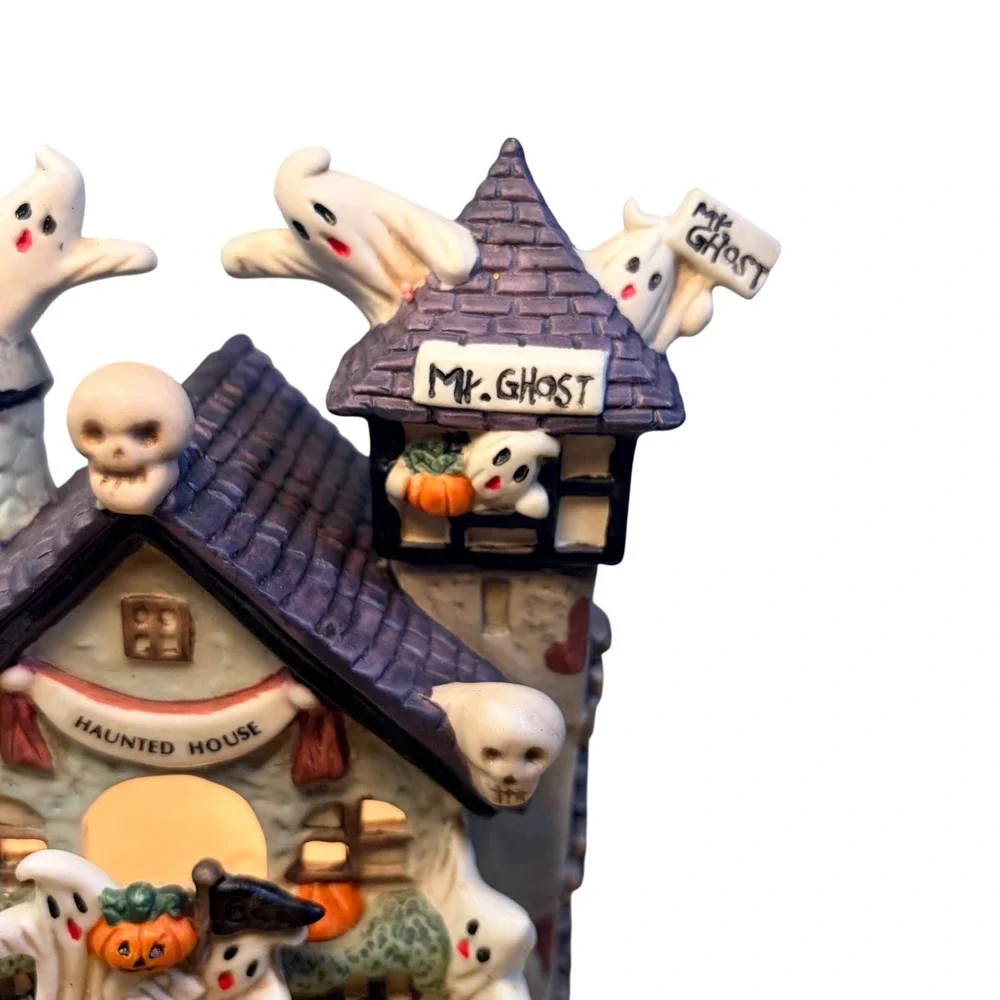 Vintage Haunted House 1990s Ceramic Ghost Pumpkin Halloween Light Up Village